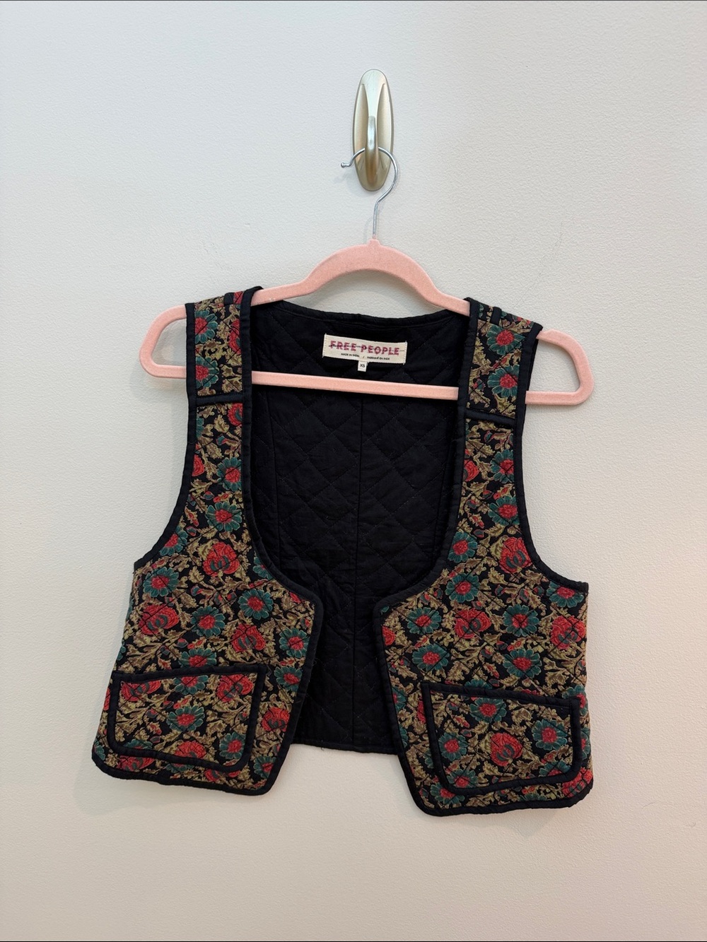 Free People Floral Quilted Vest in Black with Red & Teal Accents